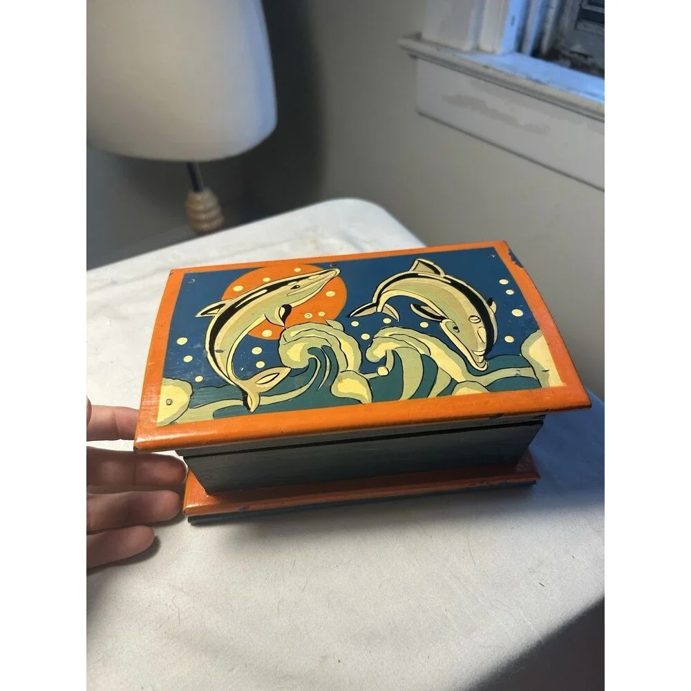 Dolphins Vintage 1970s Wooden Handpainted Jewelry Box Cottagecore Dolphin Sea